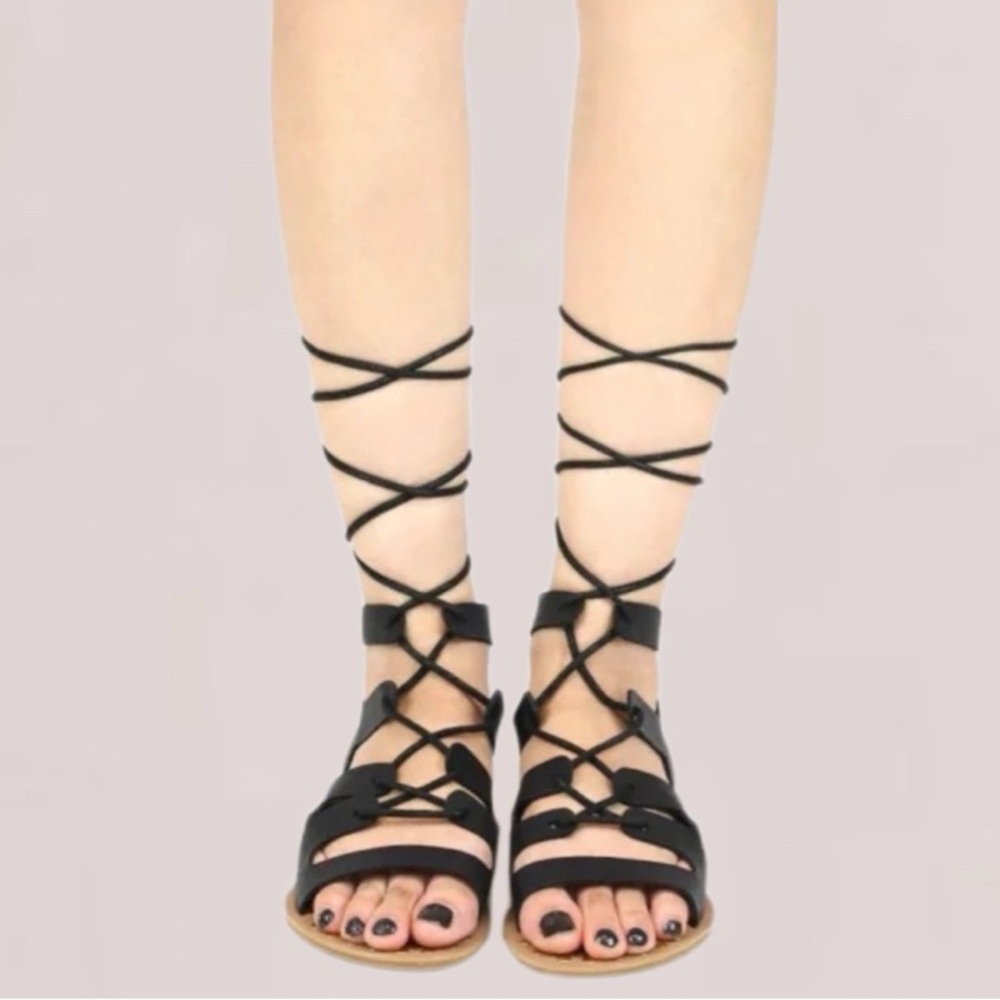 Qupid Black Leather Lace-Up Gladiator Sandals Size 6 - Picture 4 of 11